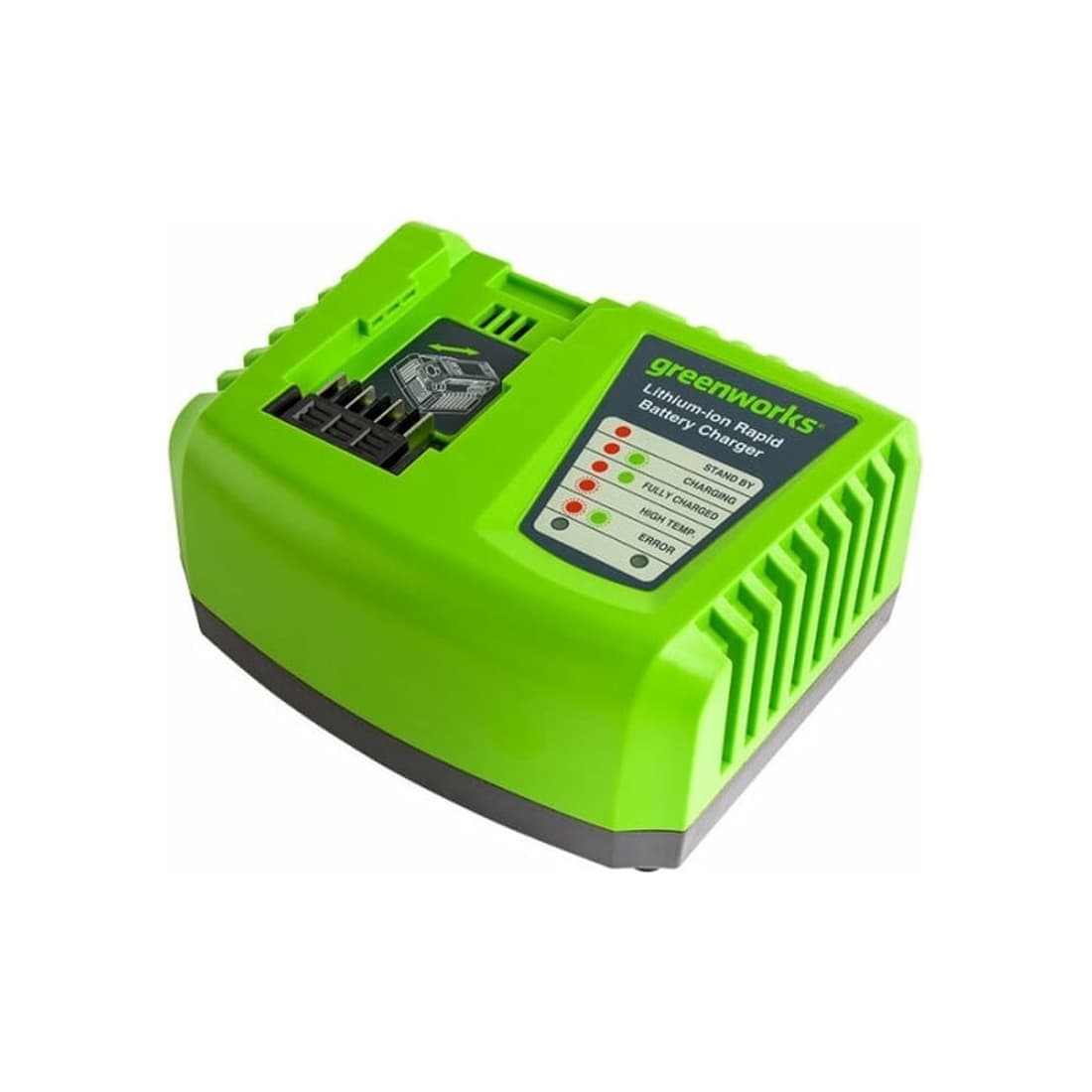 Быстрое зарядное устройство, Greenworks, G40UC5(2945107RU), 40V, 5.0 А, Вход 220-240 В, 50-60 Гц, 1.5 А макс., Выход 40 В, 5.0 А, Масса без упаковки 0,68 кг, Время заряда , - АКБ 2.0 Ач 24 мин , - АКБ 4 Ач 48 мин , - АКБ 5 Ач 60 мин, - АКБ 8 Ач 96 мин.,Черный/зелёный