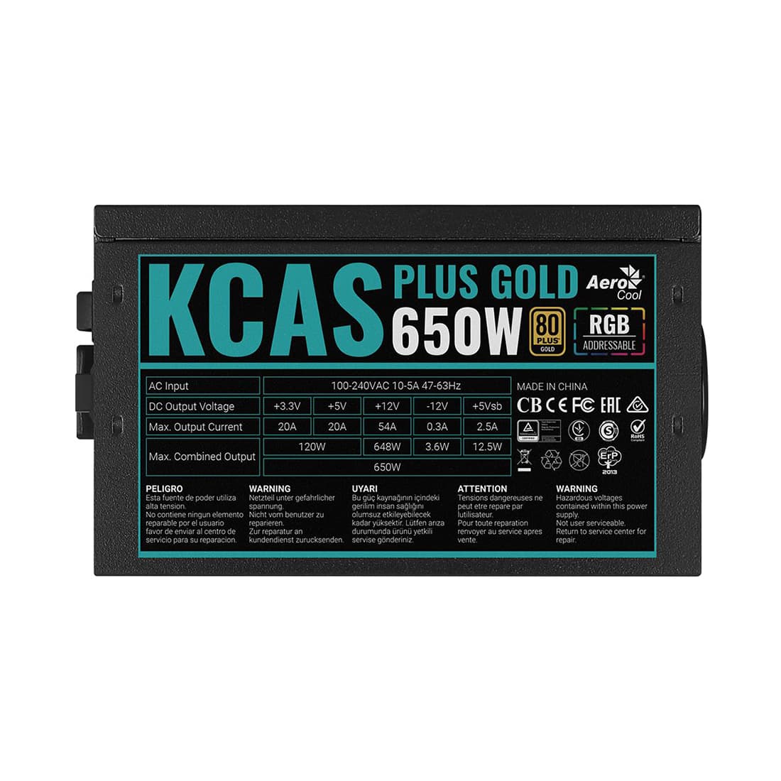 Блок питания, Aerocool, KCAS PLUS GOLD 650W RGB, 650W, ATX, Gold, APFC, 20+4pin, 2*4+4pin, 6*Sata, 3*Molex, 2*PCI-E 6+2pin, Вентилятор 12 см, Кабель питания, Чёрный