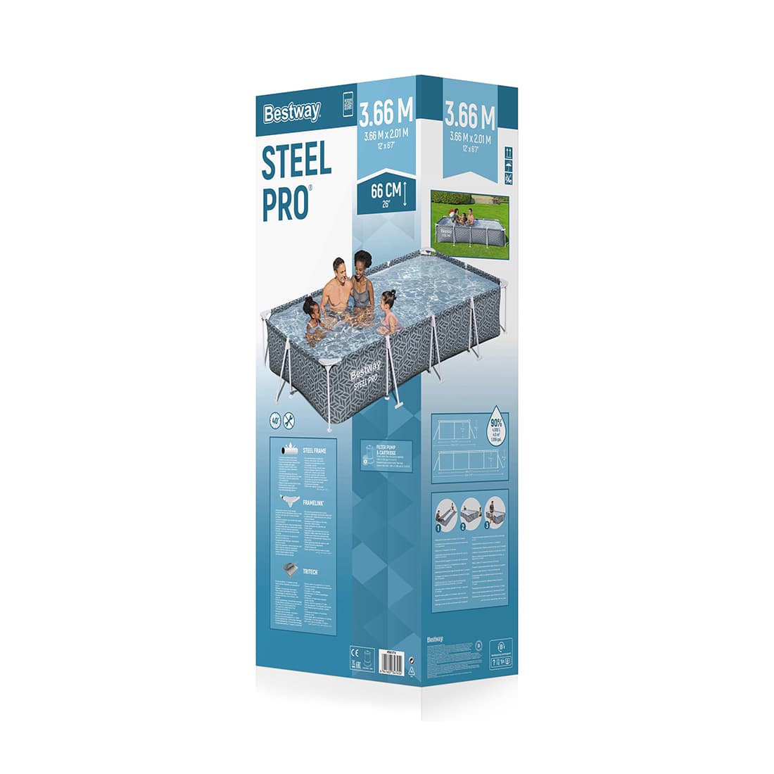 Каркасный бассейн Steel Pro 366 х 201 х 66 см, BESTWAY, 561FV, Винил, 4000 л., Стальной каркас, Ф-насос 58381 (1249л/ч), Серый принт, Цветная коробка