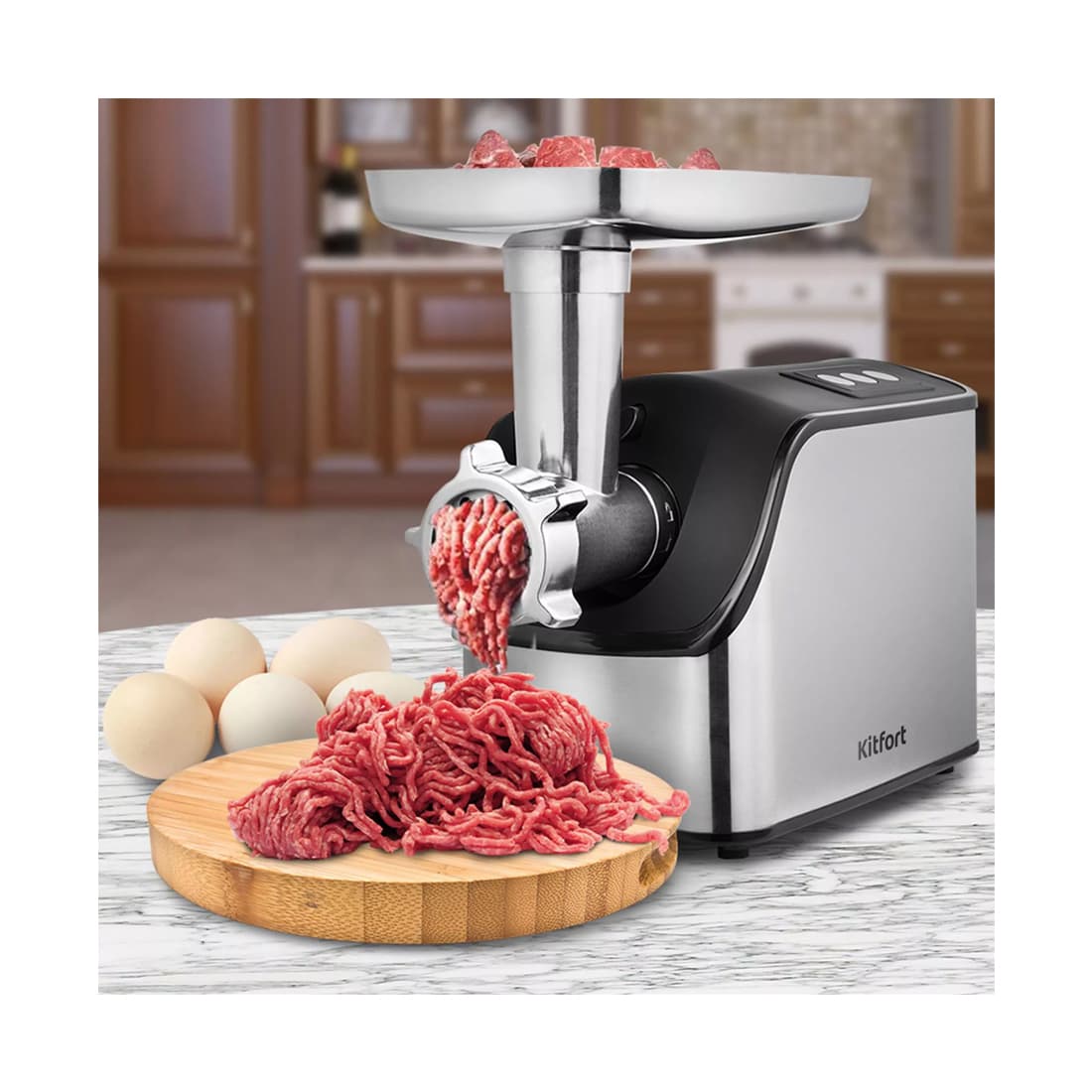 Мясорубка, Kitfort, КТ-2104, Производительность 2.3 кг/мин, 2 скорости, 8 насадок, Уровень шума 82 дБ, Мощность 1800 Вт, Стальной/Черный