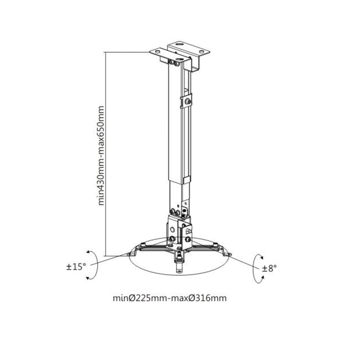 Кронштейн потолочный/настенный, Brateck, PRB-2G, Макс. нагрузка - 20 кг, Для проекторов, Вращение до +/-8°, Угол наклона 15°вверх и 15°вниз, Чёрный