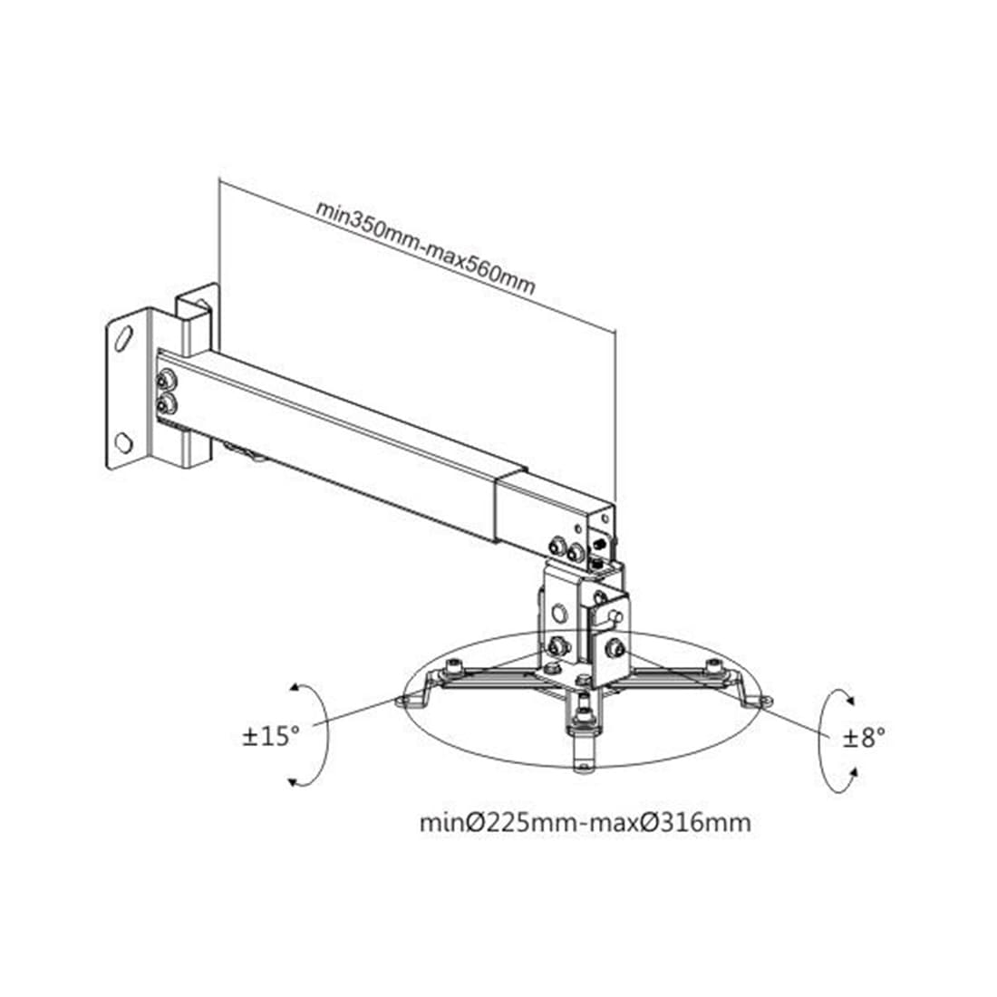 Кронштейн потолочный/настенный, Brateck, PRB-2G, Макс. нагрузка - 20 кг, Для проекторов, Вращение до +/-8°, Угол наклона 15°вверх и 15°вниз, Чёрный