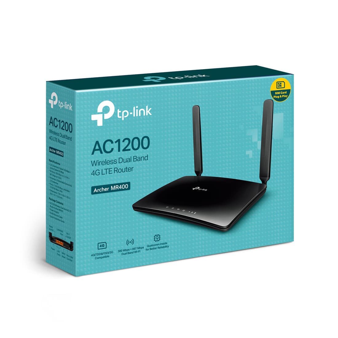 Маршрутизатор, TP-Link, Archer MR400, 3 порта LAN 10/100 Мбит/с, 1 порт LAN/WAN 10/100 Мбит/с, 1 слот для Micro SIM-карты, АС1200