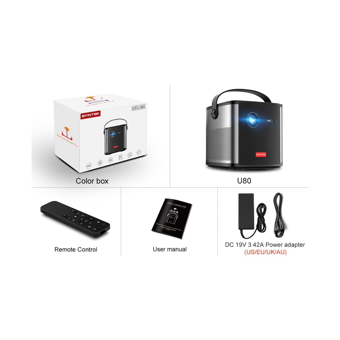 Проектор, BYINTEK, U80, DLP, Full HD, 19201080, 500 люмен, 20000:1, USB 2.01, Чёрный