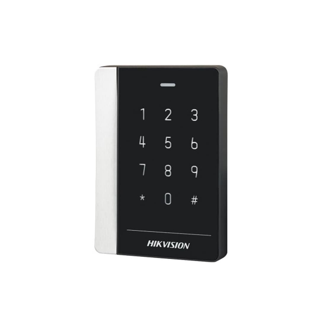 Считыватель, Hikvision, DS-K1102AMK, Считыватель бесконтактных карт и меток с кодонаборной клавиатурой, чтение карт M1 (1356 МГц) 1Wiegand W26/W34 / 1RS485 / 1Тампер датчик вскрытия и демонтажа, от -20 °C до 65 °C, 12 VDC