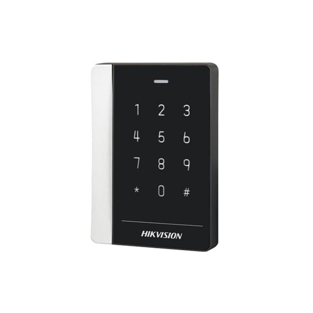 Считыватель, Hikvision, DS-K1102AMK, Считыватель бесконтактных карт и меток с кодонаборной клавиатурой, чтение карт M1 (1356 МГц) 1Wiegand W26/W34 / 1RS485 / 1Тампер датчик вскрытия и демонтажа, от -20 °C до 65 °C, 12 VDC