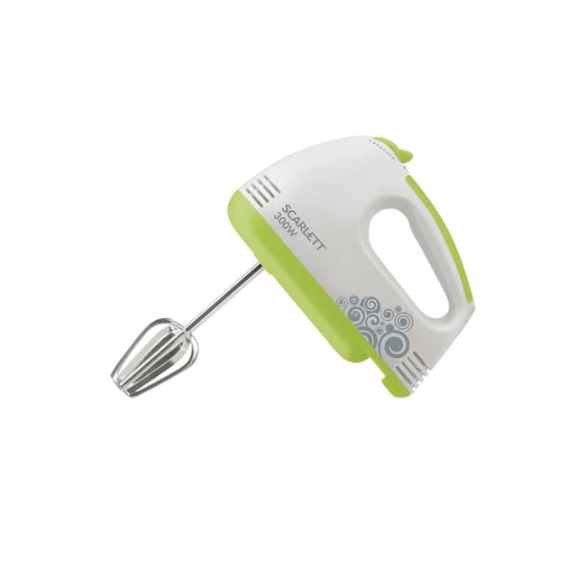 Миксер, Scarlett, SC-HM40S05, 7 скоростей, 4 насадки, Кнопка отсоединения насадок, Мощность 300 Вт, Длина шнура 0.9м, Белый/Зеленый