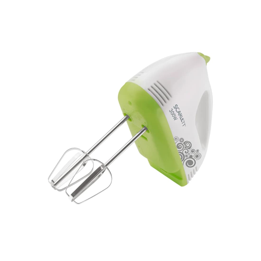 Миксер, Scarlett, SC-HM40S05, 7 скоростей, 4 насадки, Кнопка отсоединения насадок, Мощность 300 Вт, Длина шнура 0.9м, Белый/Зеленый