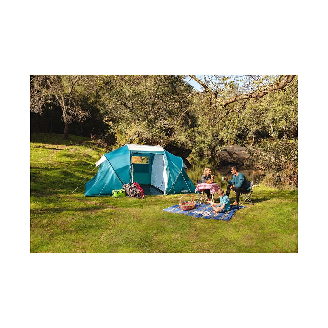 Палатка туристическая Pavillo Family Ground 4 (150+160+150) х 220 х 185 см, BESTWAY, 68093, Двухслойная, Верх - винил PE190T с покрытием PU2000mm./низ - винил PE190T, Пол - винил PE 120 г/м, 4х-местная, Вес -8.91 кг., Сетчатый тентованный вход, Зеленая, Сумка для переноски