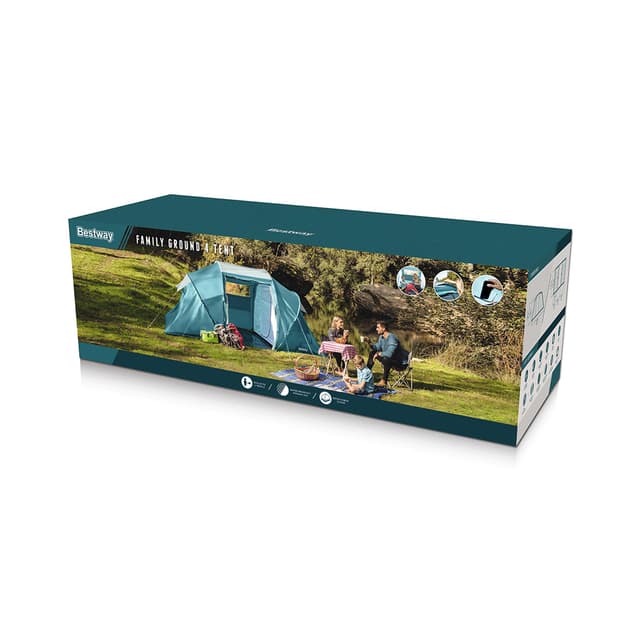 Палатка туристическая Pavillo Family Ground 4 (150+160+150) х 220 х 185 см, BESTWAY, 68093, Двухслойная, Верх - винил PE190T с покрытием PU2000mm./низ - винил PE190T, Пол - винил PE 120 г/м, 4х-местная, Вес -8.91 кг., Сетчатый тентованный вход, Зеленая, Сумка для переноски