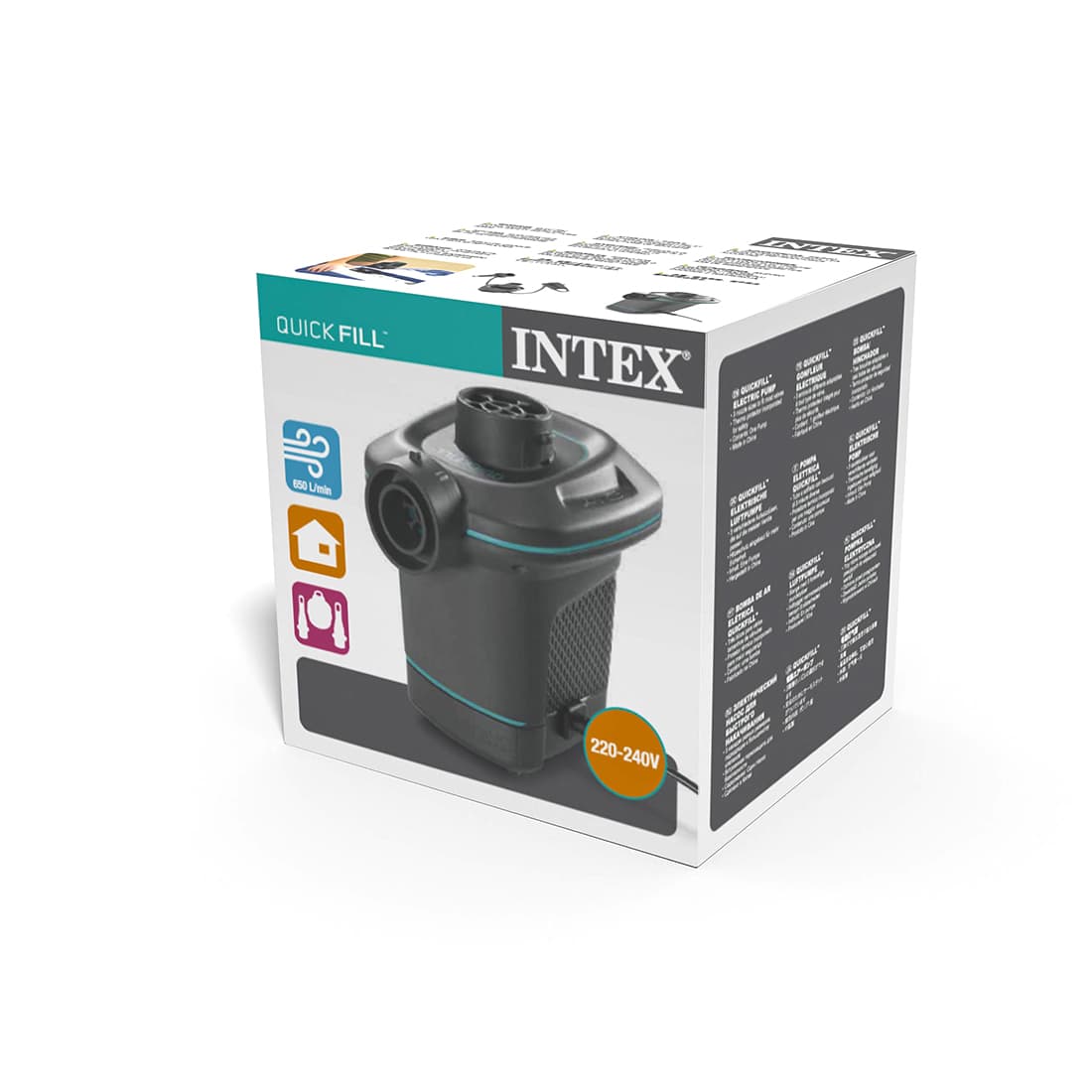 Насос электрический QuickFill AC Electric Pump (220В), INTEX, 66640, Пластик/металл, 650 л/мин, Встроенная термозащита, 3 насадки, Чёрный, Цветная коробка