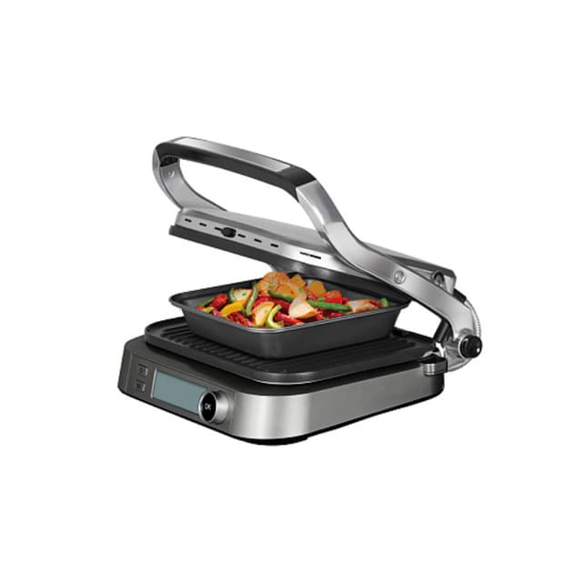 Гриль, Redmond, RGM-M816P, Электронное управление, 7 автоматических программ, Диапазон температур нагрева 70-230°С, Максимальный угол открытия крышки 180°, Антипригарное покрытие, Контактный гриль, Таймер, Автоматическое определение времени приготовления, Мощность 2100 Вт, Серебристый
