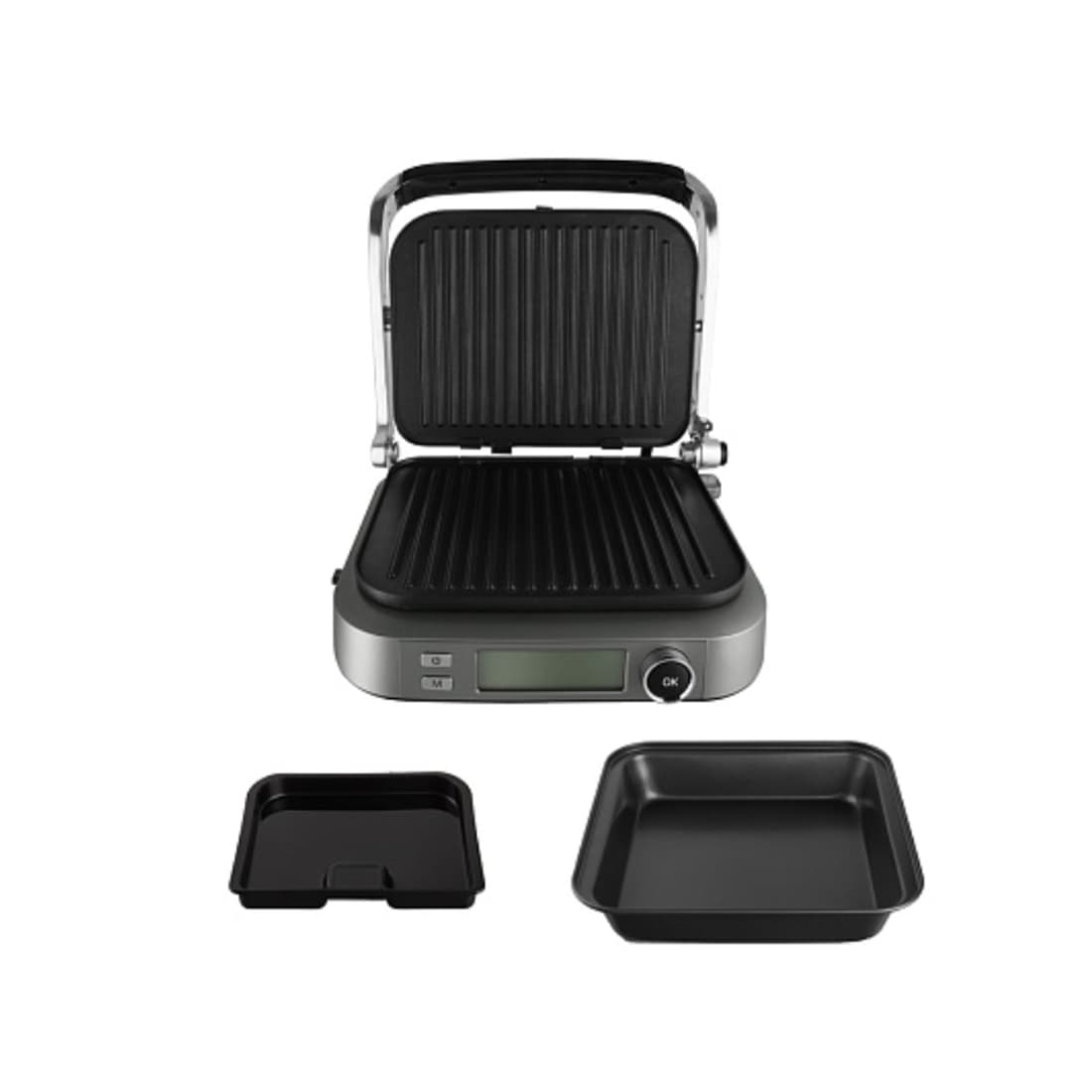 Гриль, Redmond, RGM-M816P, Электронное управление, 7 автоматических программ, Диапазон температур нагрева 70-230°С, Максимальный угол открытия крышки 180°, Антипригарное покрытие, Контактный гриль, Таймер, Автоматическое определение времени приготовления, Мощность 2100 Вт, Серебристый