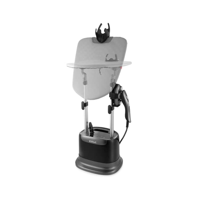 Отпариватель вертикальный, Kitfort, КТ-937, Объем езервуара для воды 2 л, Подача пара 26-30 г/мин, Температура нагрева 150–155 °С, Время нагрева 68-70 сек, Время непрерывной подачи пара 59-68 мин, Длина парового шланга 1.2м, Мощногсть 2280 Вт, Длина шнура 1.7м, Черный