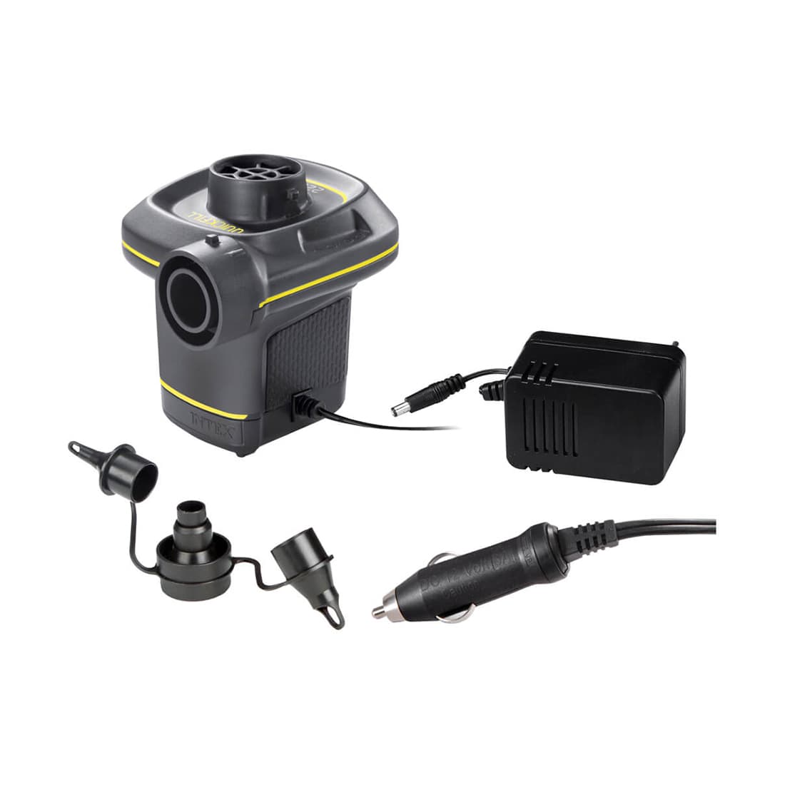 Насос электрический QuickFill AC/DC Electric Pump (220В/12В), INTEX, 66634, Пластик/металл, 480 л/мин, От электросети и автомобильного прикуривателя, Встроенная термозащита, 3 насадки, Чёрный, Цветная коробка