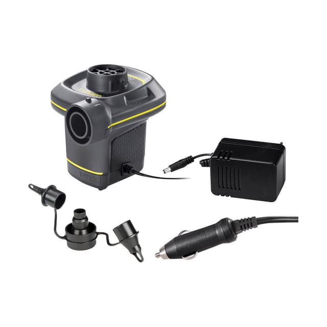 Насос электрический QuickFill AC/DC Electric Pump (220В/12В), INTEX, 66634, Пластик/металл, 480 л/мин, От электросети и автомобильного прикуривателя, Встроенная термозащита, 3 насадки, Чёрный, Цветная коробка