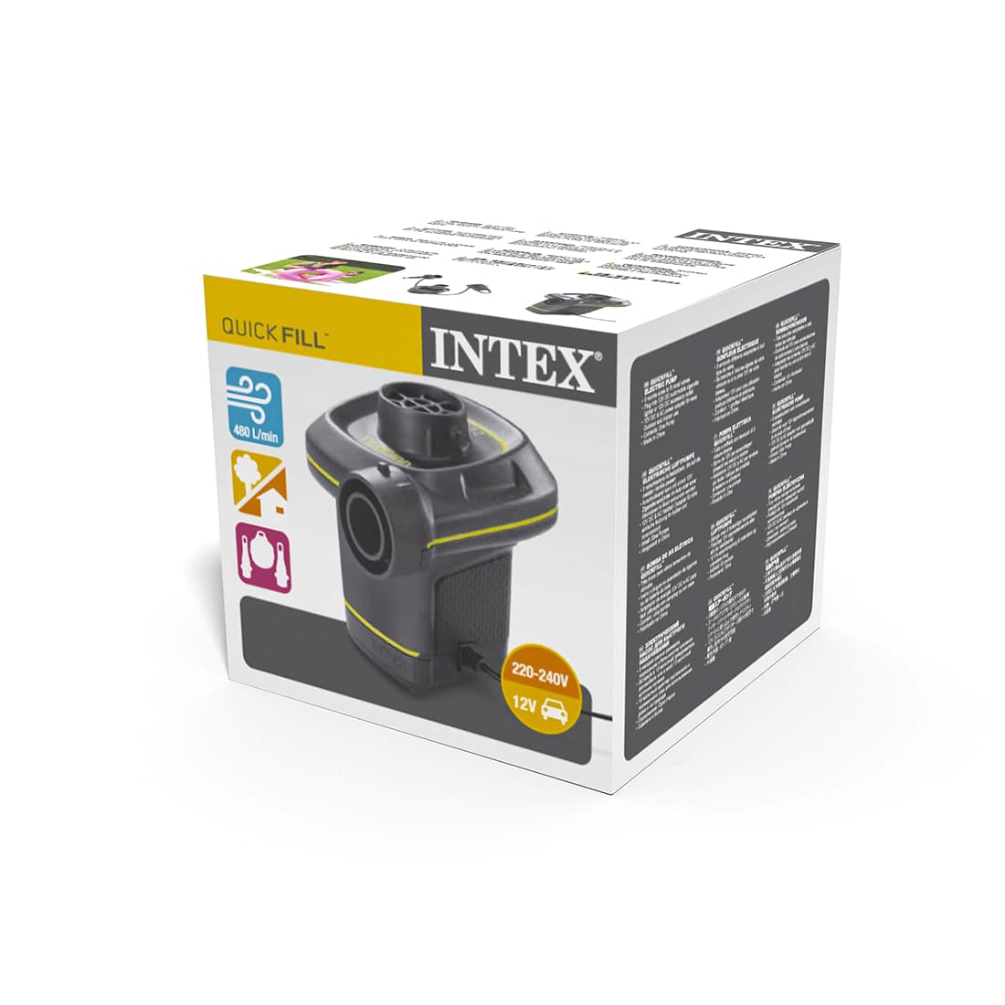 Насос электрический QuickFill AC/DC Electric Pump (220В/12В), INTEX, 66634, Пластик/металл, 480 л/мин, От электросети и автомобильного прикуривателя, Встроенная термозащита, 3 насадки, Чёрный, Цветная коробка