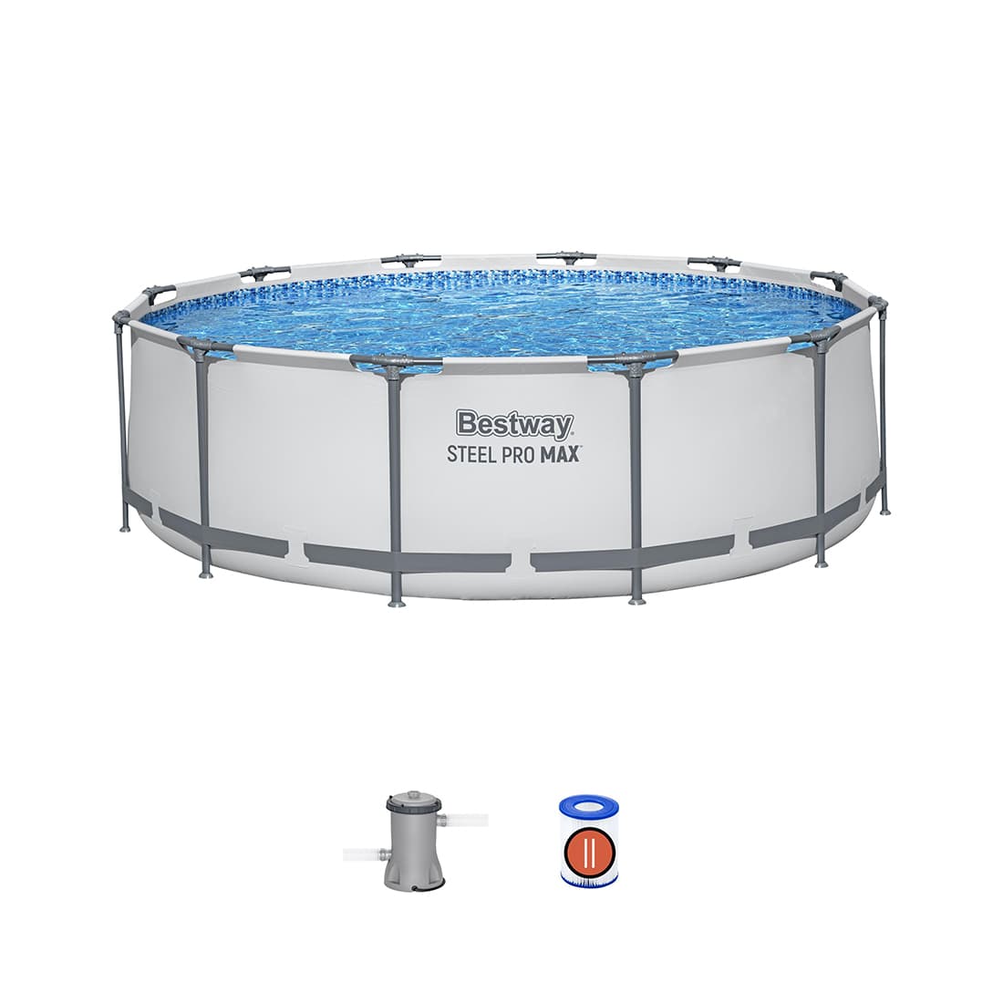 Каркасный бассейн Steel Pro MAX 366 х 100 см, BESTWAY, 56260, Винил, 9150 л., Стальной каркас, Ф-насос 58383 (2006л/ч), Серый, Цветная коробка