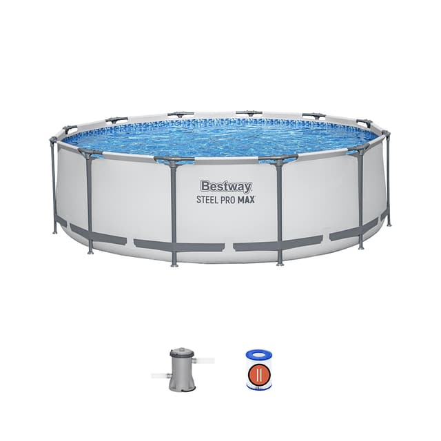 Каркасный бассейн Steel Pro MAX 366 х 100 см, BESTWAY, 56260, Винил, 9150 л., Стальной каркас, Ф-насос 58383 (2006л/ч), Серый, Цветная коробка