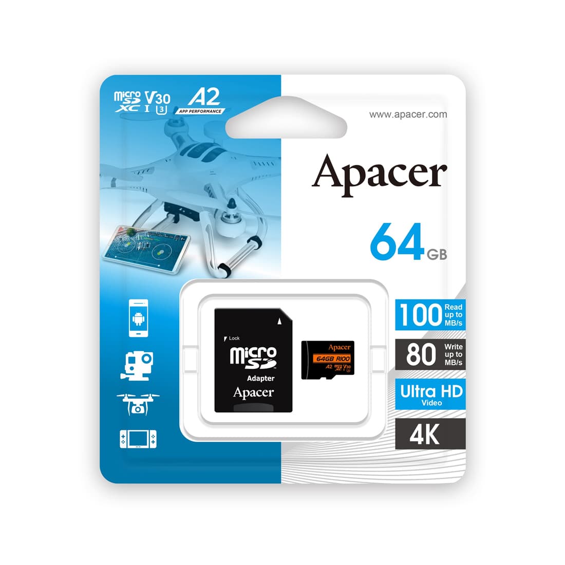 Карта памяти, Apacer, AP64GMCSX10U8-R, MicroSDXC 64GB, с адаптером SD