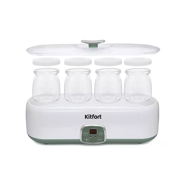 Йогуртница, Kitfort, КТ-2007, 20 Вт, 200 мл, 4 шт ёмкости, Стеклянные баночки, Дисплей, Таймер, Белый/Зелёный
