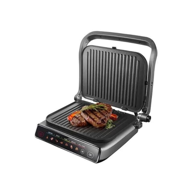 Гриль, Redmond, SteakMaster GM300, 7 программ, Температура нагрева 230 °C, Открытие на 180°, Антипригарное покрытие, Размер рабочей поверхности 31.3 х 24.4 см, Сенсорное управление, Съемные пластины, Таймер, Серый/металл