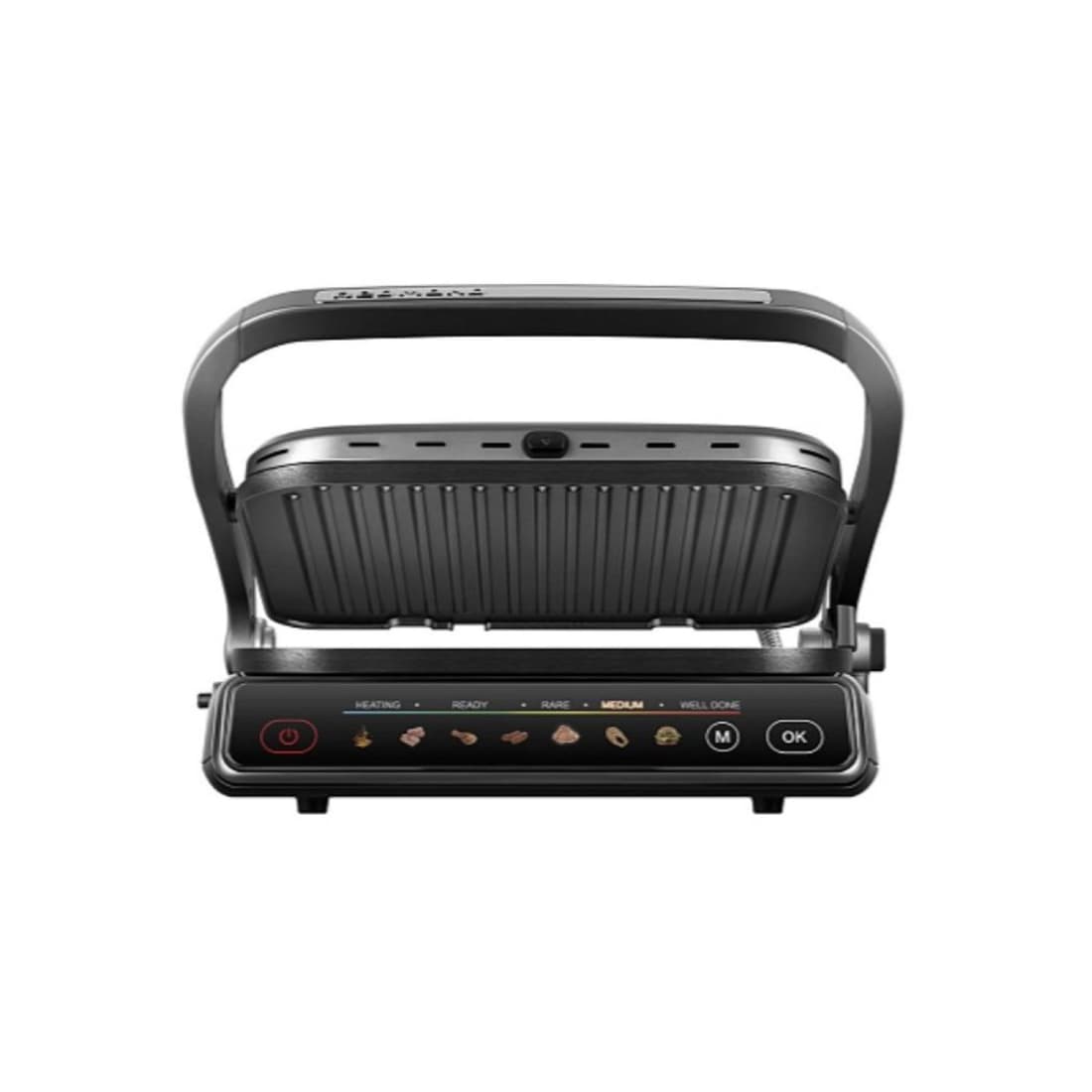 Гриль, Redmond, SteakMaster GM300, 7 программ, Температура нагрева 230 °C, Открытие на 180°, Антипригарное покрытие, Размер рабочей поверхности 31.3 х 24.4 см, Сенсорное управление, Съемные пластины, Таймер, Серый/металл