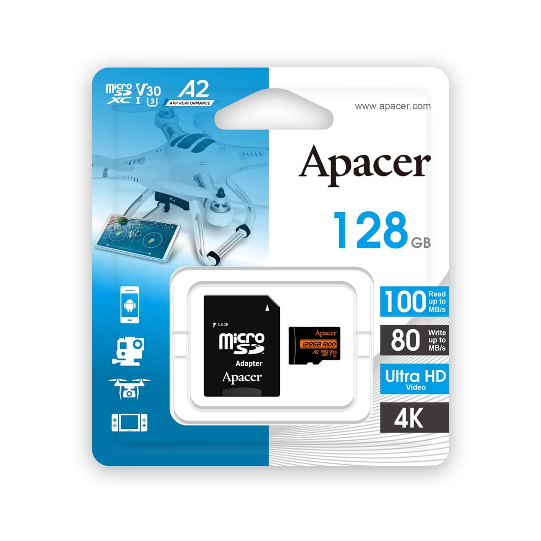 Карта памяти, Apacer, AP128GMCSX10U8-R, MicroSDXC 128GB, с адаптером SD