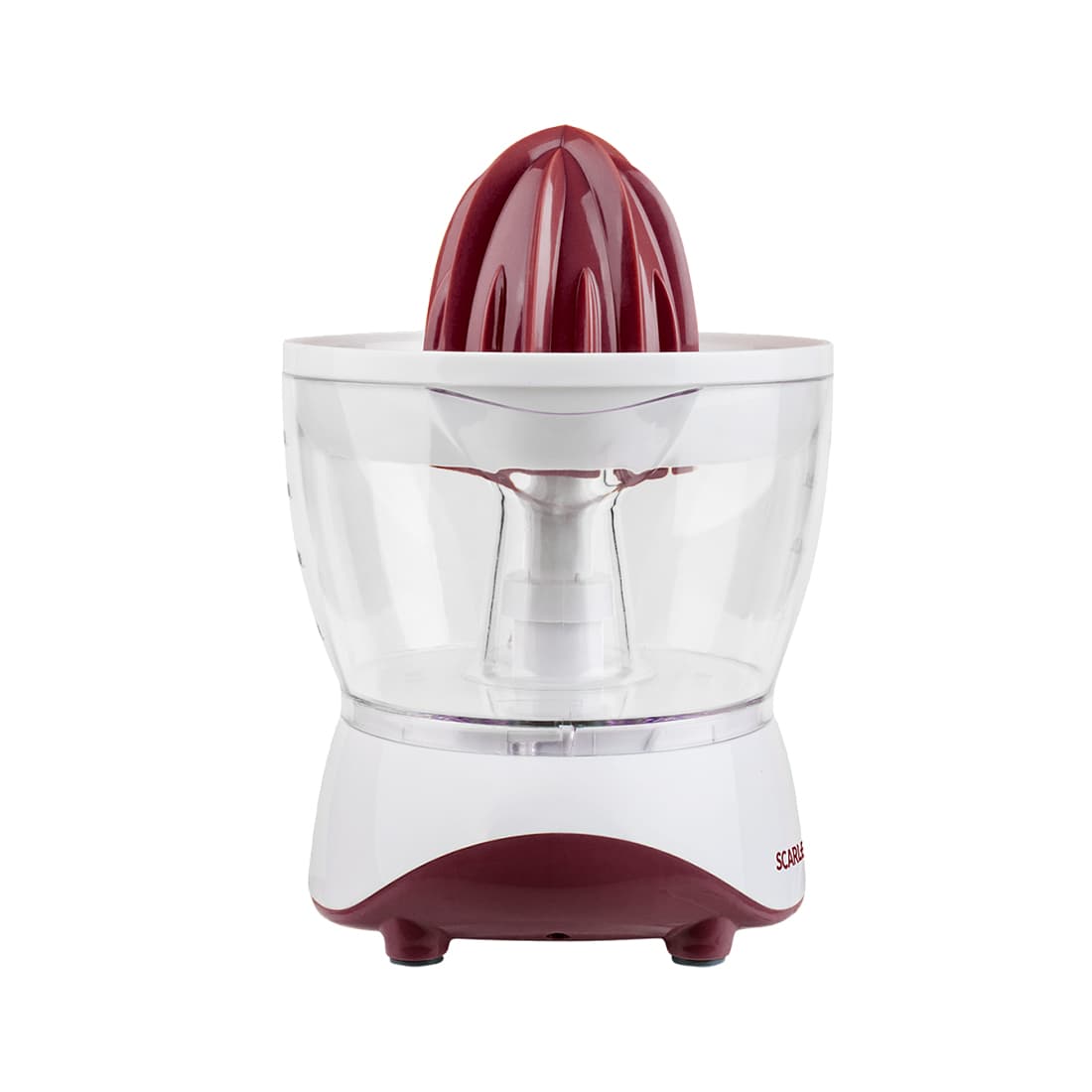 Соковыжималка цитрусовая, Scarlett, SC-JE50C06, Мощность 25 Вт, Резервуар для сока 700 мл, 2 насадки для разных размеров цитрусовых, Белый с красным