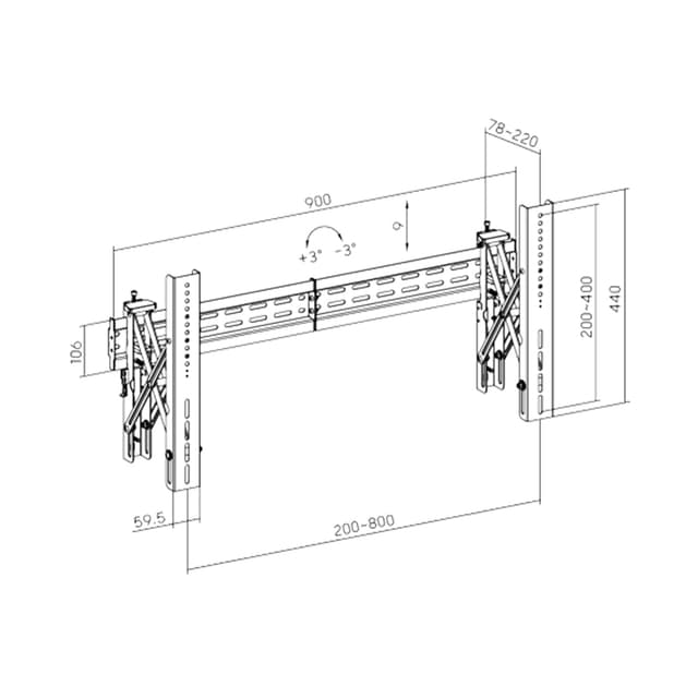 Кронштейн для видеостен, Brateck, LVW02E-48T, Макс. нагрузка - 70 кг, Диагональ экрана 37"-70", Профиль 78-220 мм., Угол наклона -3°+3°,Чёрный