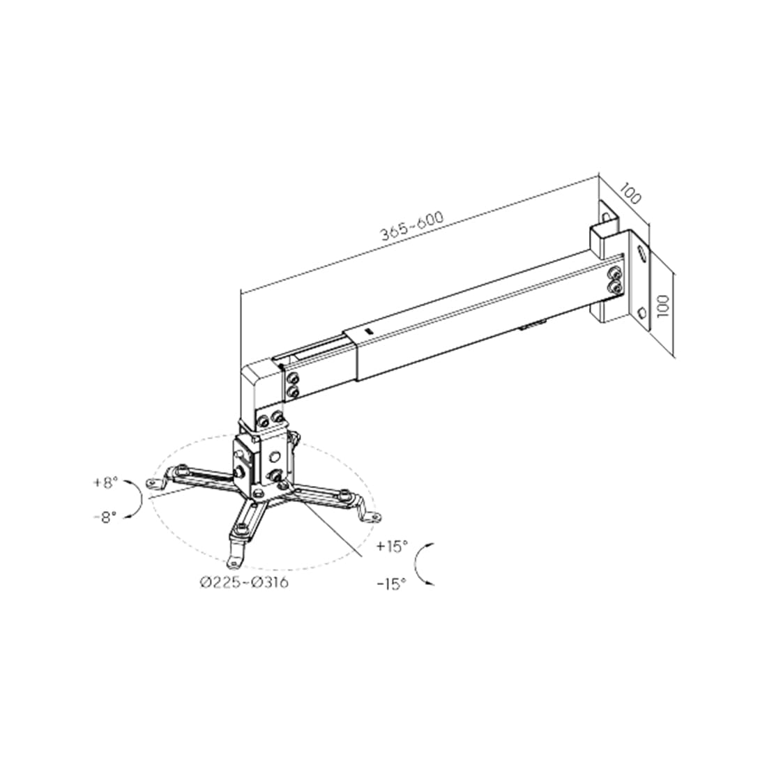 Кронштейн настенный, Brateck, PRB-2W, Макс. нагрузка - 20 кг, Для проекторов, Профиль 365-600 мм., Вращение до +/-8°, Угол наклона 15° вверх и 15° вниз, Черный