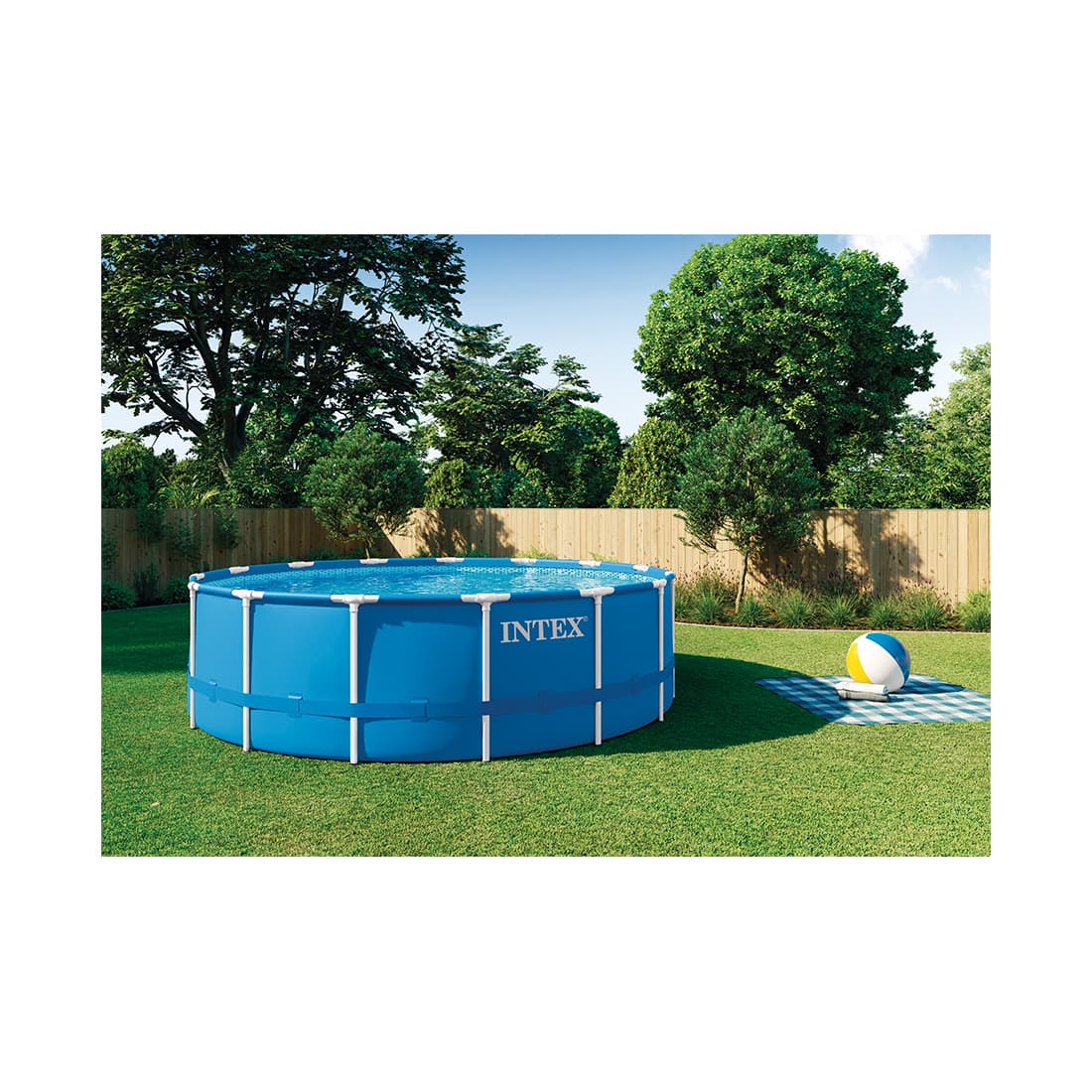 Каркасный бассейн Metal Frame 457 х 122 см, INTEX, 28242NP, Винил, 16805 л., Стальной каркас, Ф-насос 28638 (3785л/ч), Лестница 28076, Подложка 28048, Тент 28032, Синий, Цветная коробка