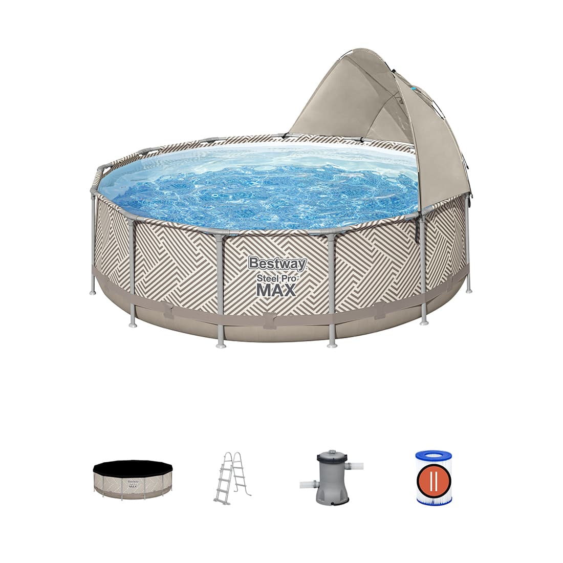 Каркасный бассейн Steel Pro MAX 396 х 107 см, BESTWAY, 561FY, Винил, 11133 л., Стальной каркас, С навесом, Ф-насос 58383 (2006л/ч), Лестница 58335, Тент 58292, Текстильный принт, Цветная коробка