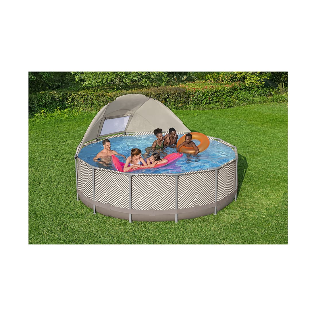 Каркасный бассейн Steel Pro MAX 396 х 107 см, BESTWAY, 561FY, Винил, 11133 л., Стальной каркас, С навесом, Ф-насос 58383 (2006л/ч), Лестница 58335, Тент 58292, Текстильный принт, Цветная коробка