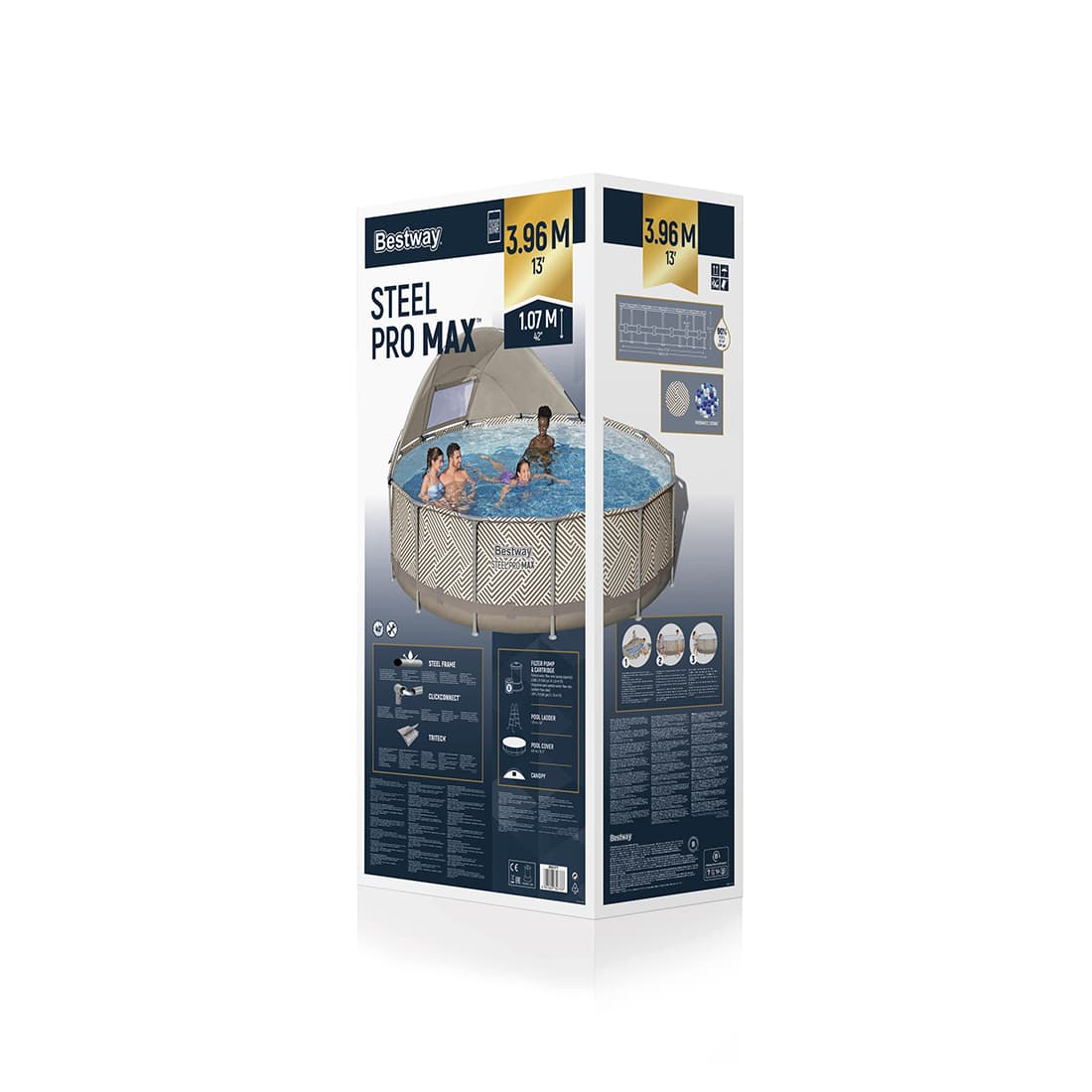 Каркасный бассейн Steel Pro MAX 396 х 107 см, BESTWAY, 561FY, Винил, 11133 л., Стальной каркас, С навесом, Ф-насос 58383 (2006л/ч), Лестница 58335, Тент 58292, Текстильный принт, Цветная коробка