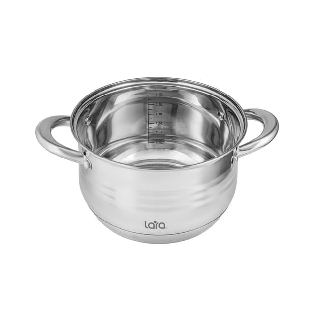 Кастрюля, LARA, SONATA LR02-581, Диаметр 18 см, Высота 11.5 см, Объем 2.9л, Нержавеющая сталь/Стекло, Для всех типов плит, Мойка ручная/в посудомоечной машине, Стальной
