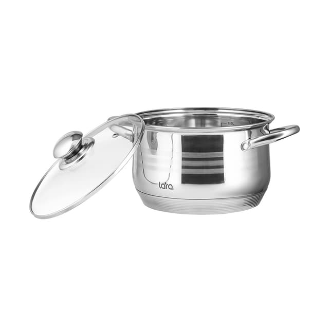 Кастрюля, LARA, SONATA LR02-581, Диаметр 18 см, Высота 11.5 см, Объем 2.9л, Нержавеющая сталь/Стекло, Для всех типов плит, Мойка ручная/в посудомоечной машине, Стальной