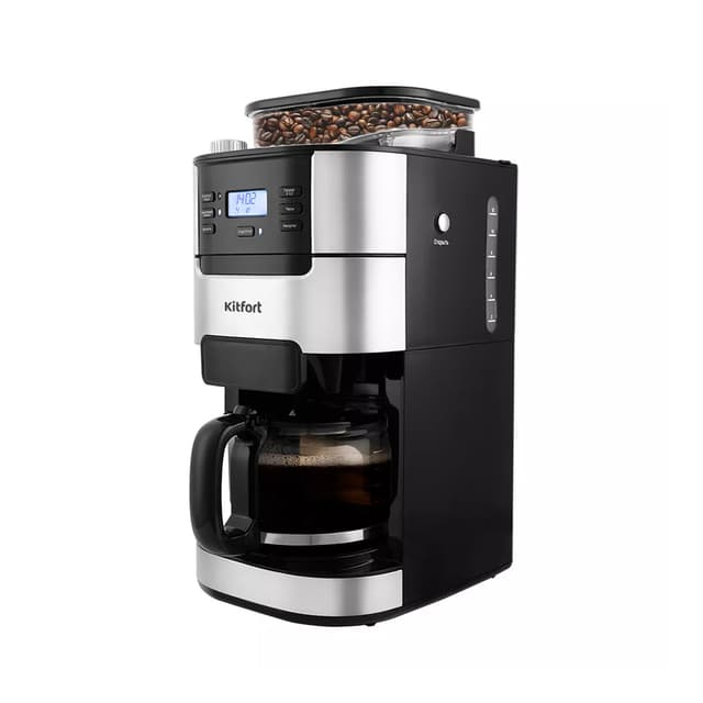 Кофемашина, Kitfort, КТ-720, Капельная, Объем кофейника 1.5 л, Объем резервуара для зёрен 200 г, Встроенная кофемолка, Используемый кофе зерновой/молотый, Регулятор степени помола, Отложенный старт, Кнопочное управление, Мощность 1050 Вт, Длина шнура 0.8м, Черный/Стальной