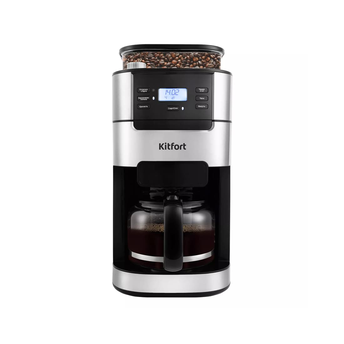 Кофемашина, Kitfort, КТ-720, Капельная, Объем кофейника 1.5 л, Объем резервуара для зёрен 200 г, Встроенная кофемолка, Используемый кофе зерновой/молотый, Регулятор степени помола, Отложенный старт, Кнопочное управление, Мощность 1050 Вт, Длина шнура 0.8м, Черный/Стальной