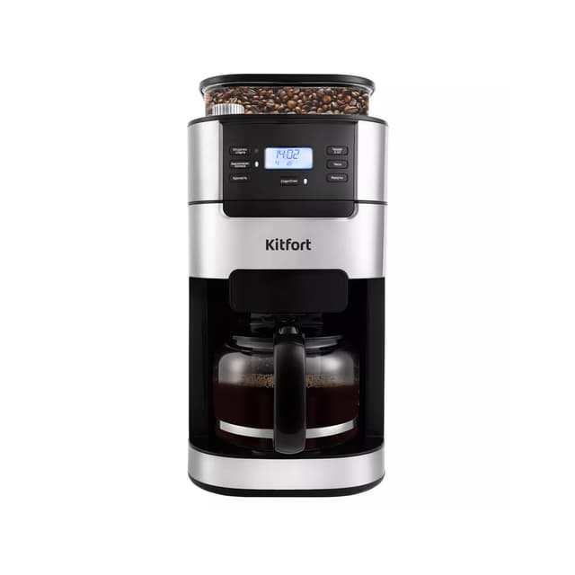 Кофемашина, Kitfort, КТ-720, Капельная, Объем кофейника 1.5 л, Объем резервуара для зёрен 200 г, Встроенная кофемолка, Используемый кофе зерновой/молотый, Регулятор степени помола, Отложенный старт, Кнопочное управление, Мощность 1050 Вт, Длина шнура 0.8м, Черный/Стальной