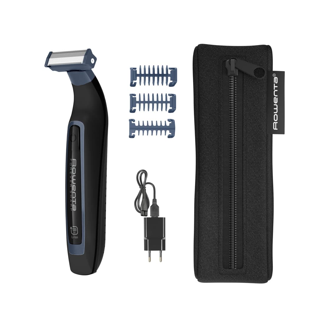Триммер для бороды, Rowenta, Sport Forever Sharp TN6011F0, Сухой и влажный тип бритья, Длина стрижки 1-3-5 мм, 3 насадки, Титановое покрытие, Время работы 120 мин, Время зарядки 90 мин, Дисплей, Черный/Синий