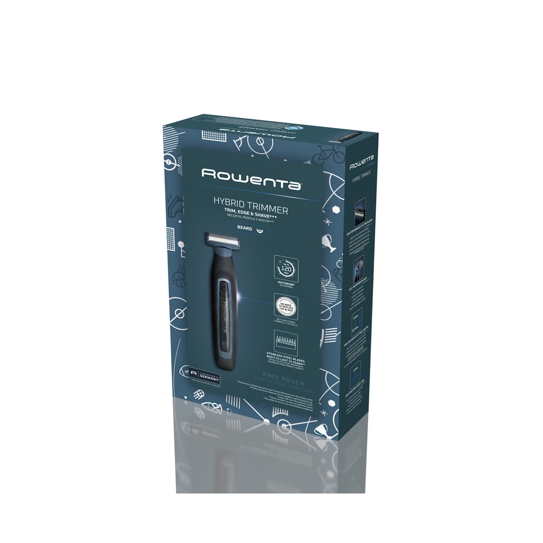 Триммер для бороды, Rowenta, Sport Forever Sharp TN6011F0, Сухой и влажный тип бритья, Длина стрижки 1-3-5 мм, 3 насадки, Титановое покрытие, Время работы 120 мин, Время зарядки 90 мин, Дисплей, Черный/Синий