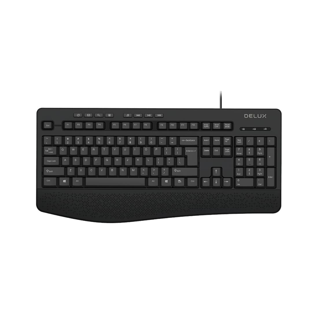 Клавиатура, Delux, DLK-6060UB, USB, Кол-во стандартных клавиш 104, 8 мультимедиа-клавиш, Размер: 446*211*24 мм., Длина кабеля 1,6 метра, Защита от случайного пролива воды/кофе, Чёрный