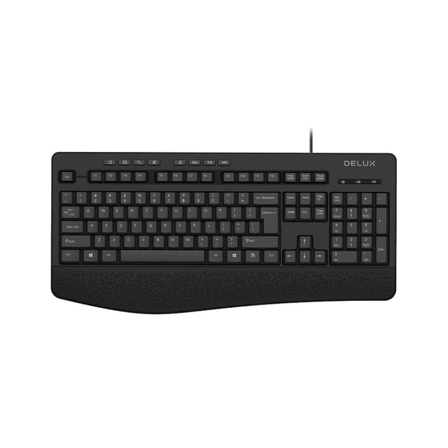 Клавиатура, Delux, DLK-6060UB, USB, Кол-во стандартных клавиш 104, 8 мультимедиа-клавиш, Размер: 446*211*24 мм., Длина кабеля 1,6 метра, Защита от случайного пролива воды/кофе, Чёрный