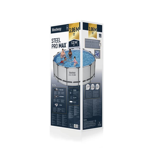 Каркасный бассейн Steel Pro MAX 396 х 122 см, BESTWAY, 5618W, Винил, 12690 л., Стальной каркас, Ф-насос 58386 (3028л/ч), Лестница 58336, Тент 58248, Серый, Цветная коробка