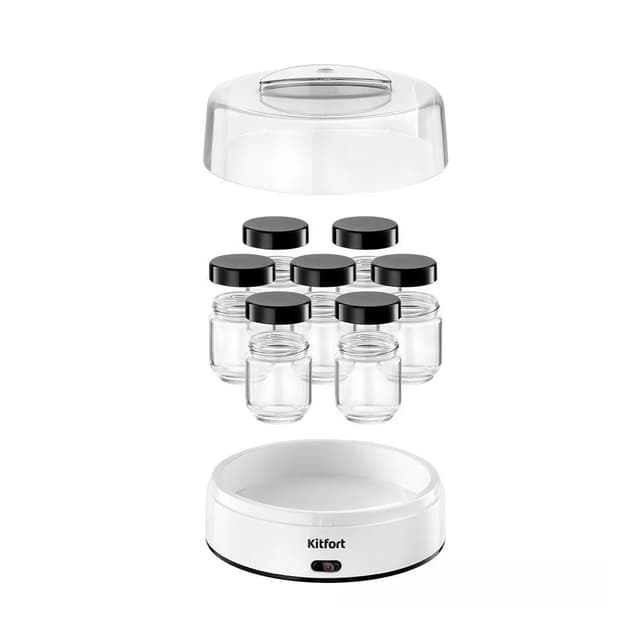 Йогуртница, Kitfort, КТ-6097, Мощность 15 Вт, Общий объем 1.4 л, Объем каждой емкости 200 мл, Количество емкостей 7 шт, Материал емкостей стекло , Цвет черный/белый