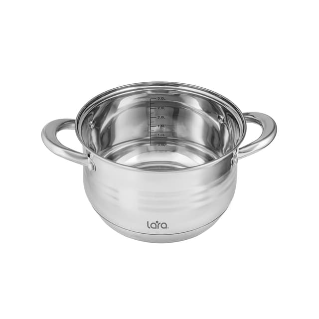 Кастрюля, LARA, SONATA LR02-582, Диаметр 20 см, Высота 12.5 см, Объем 3.9л, Нержавеющая сталь/Стекло, Для всех типов плит, Мойка ручная/в посудомоечной машине, Стальной