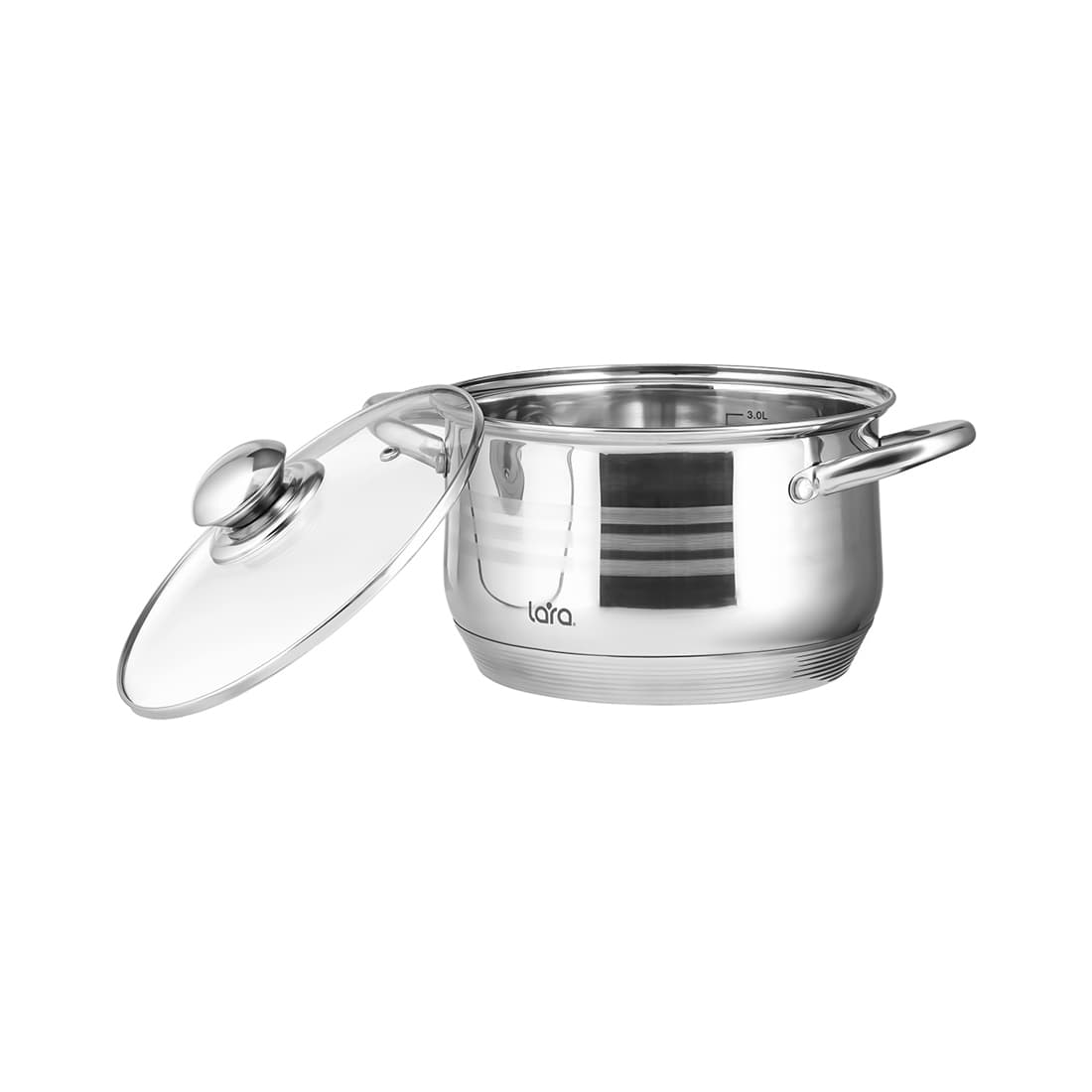 Кастрюля, LARA, SONATA LR02-582, Диаметр 20 см, Высота 12.5 см, Объем 3.9л, Нержавеющая сталь/Стекло, Для всех типов плит, Мойка ручная/в посудомоечной машине, Стальной