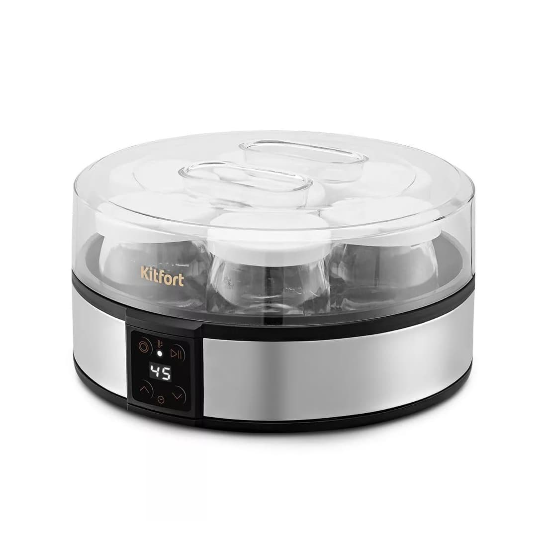 Йогуртница, Kitfort, КТ-6363, Количество емкостей 7 шт, Материал емкостей стекло, Тип управления кнопочное, Дисплей, Индикация времени приготовления, температуры, Таймер , Цвет серебристый