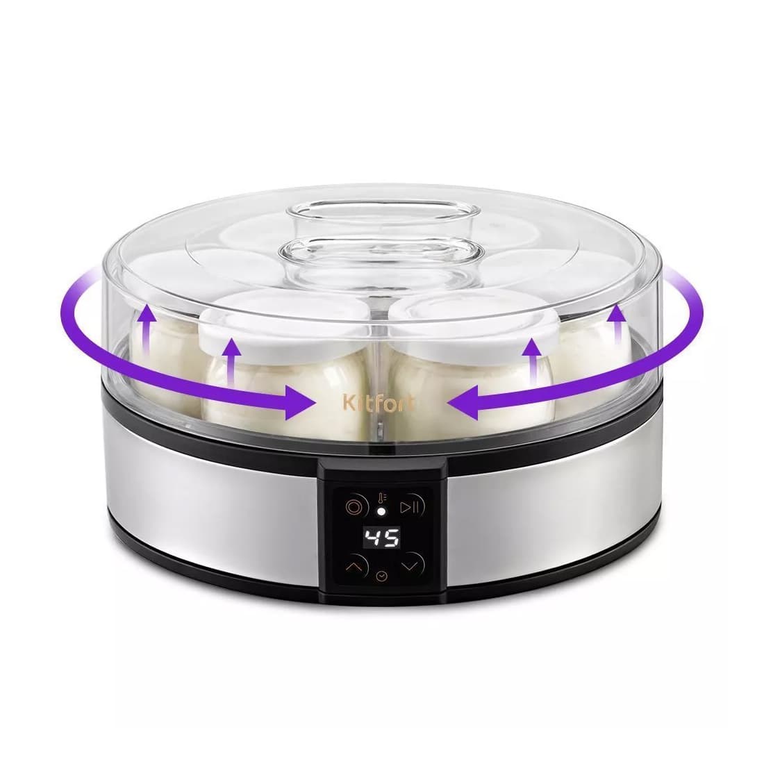 Йогуртница, Kitfort, КТ-6363, Количество емкостей 7 шт, Материал емкостей стекло, Тип управления кнопочное, Дисплей, Индикация времени приготовления, температуры, Таймер , Цвет серебристый